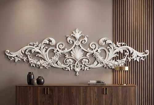 Large carved decorative overlay NPU.VRS-006 1067 &times; 352 &times; 23 mm above the sideboard without a moulding frame next to slatted panels