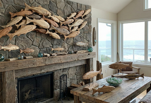 Panel of carved wooden fish on a stone wall by the fireplace in a nautical interior
