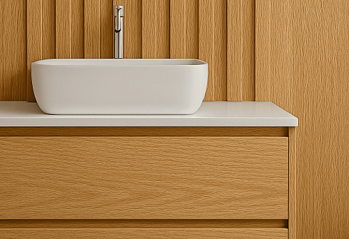 Decorative wall with wooden planks in the bathroom, coordinating with a hanging vanity