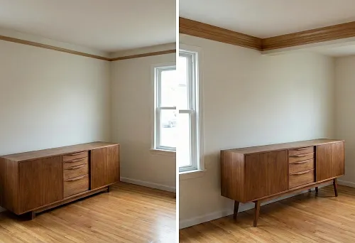 Interior comparison: a chest of drawers on a low base and a chest of drawers on high supports, with a wooden cornice on top; an example of how the height of legs affects the perception of walls and ceiling.