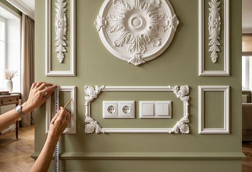 Stucco wall decor with sockets and switches in the interior