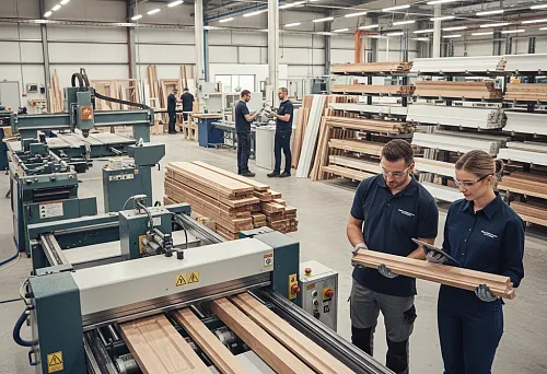 Production workshop for manufacturing moldings: wood processing equipment, workers checking the quality of wooden profiles, architraves, and baseboards