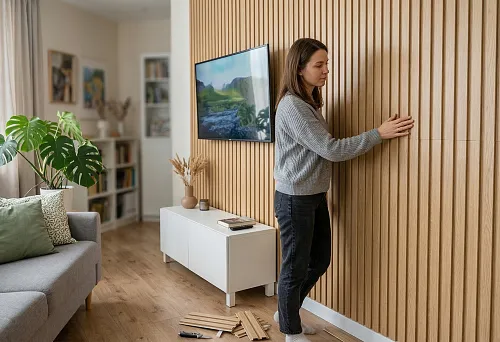 PVC slat panels for walls in a light living room interior with a TV area