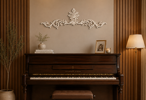 Piano between slatted panels with a decorative overlay NPU-165 above it