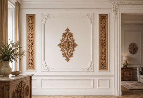 Interior with stucco molding, moldings, and carved wooden decor
