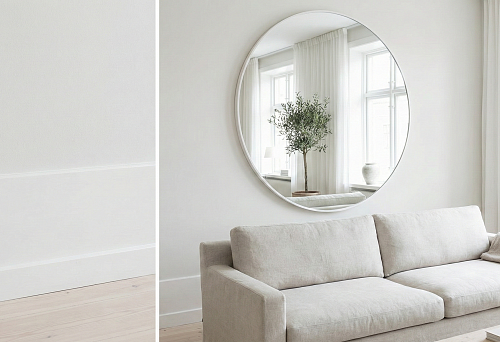 Scandinavian light interior: white baseboard and white wall panel, round white mirror frame above a light sofa