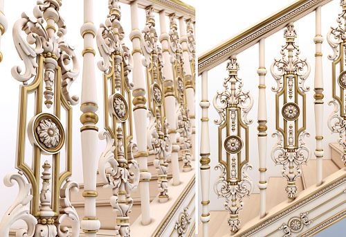 Luxurious Carved Balusters with Gilded Inlays and Floral Medallions