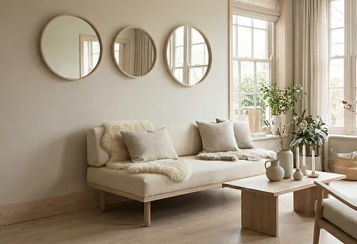 Scandinavian hygge interior: light ash baseboard, three round mirrors on the wall and minimalism in the living room