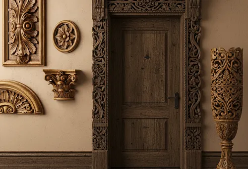 Carved wooden elements in interior &mdash; overlays, ornaments, and window trims