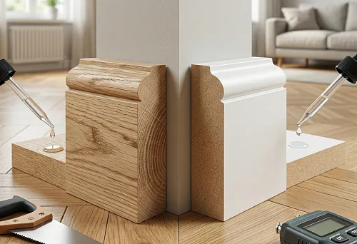 Wooden baseboard vs MDF: profile comparison &mdash; natural wood on the left and painted MDF on the right