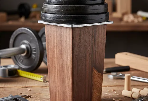 Wooden furniture support with metal plate and heavy weights placed on top for strength testing, against the background of a carpentry workbench and tools