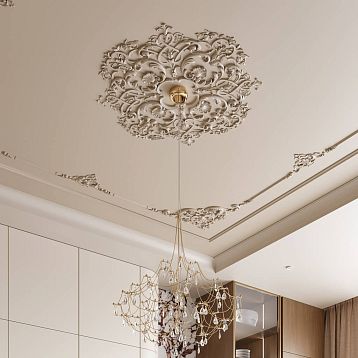 Ceiling rosette RPU.VRS-001 made of polyurethane with roses, leaves, and openwork volutes