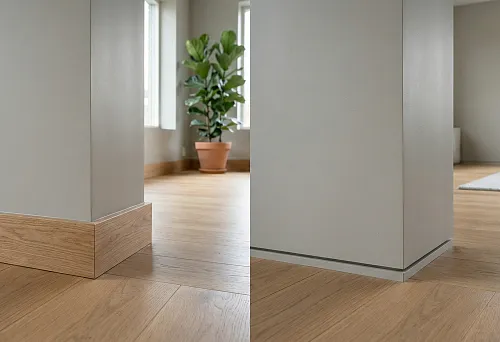 Comparison: solid wood baseboard at a wall corner vs. hidden baseboard in a minimalist interior