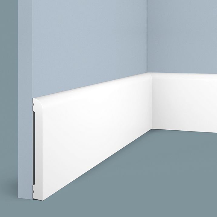 BE125 floor baseboard from HI WOOD polystyrene, extreme maximum height 125 mm and thickness 13.5 mm, smooth minimalist surface, white color