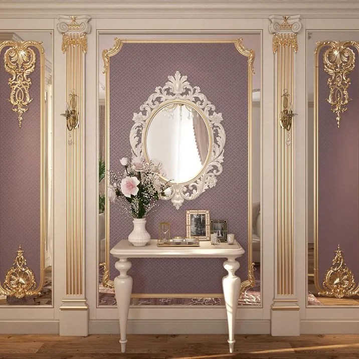MLD-3U-2.1R corner decorative element in a classic interior with a mirror, moldings, and carved decor