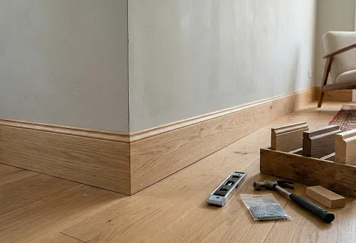 Wide solid wood baseboard along the wall, modern minimalist interior