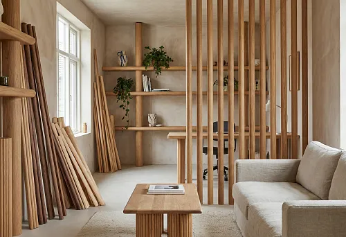 Round wooden molding in interior design: vertical slats and partitions for room zoning
