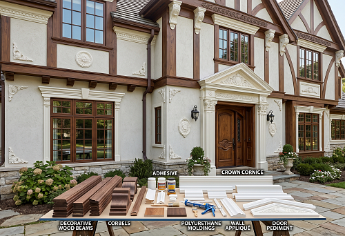 House facade with wooden decor and polyurethane stucco for exterior finishing