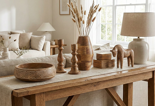 Wooden decorative elements on a console: vase, candlesticks, boxes, and a figurine in a bright living room