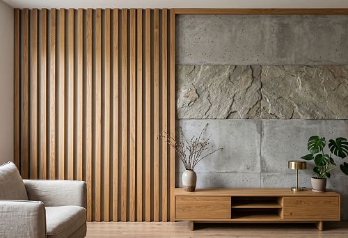 Wooden slats and porcelain stoneware: how to choose slats for a wall with tile, stone, and concrete texture