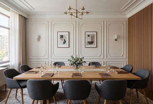 Stucco decor and wooden slats for a meeting room: how to design a business interior in a unified style