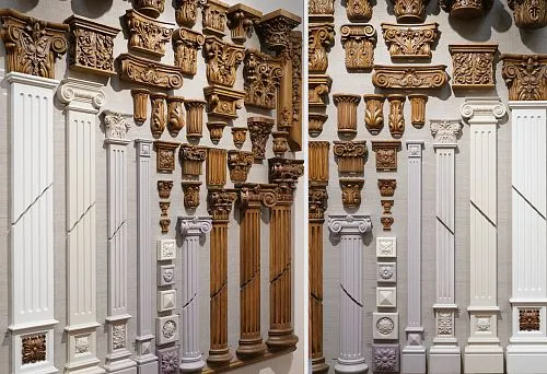 Decorative wooden columns and capitals in classical style.