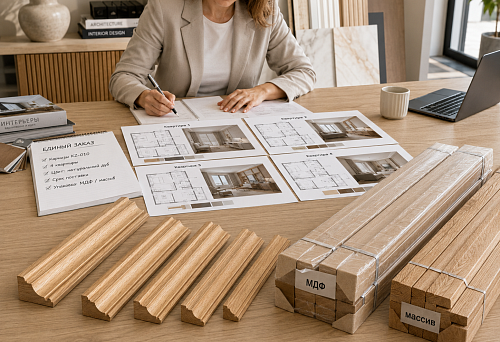 Wooden cornice KZ-010 66&times;51 mm in a single batch for finishing four apartments with MDF and solid wood packaging