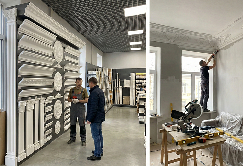 Polyurethane stucco in Vladimir: showroom with a large stand of cornices, moldings, rosettes and columns samples, selection before purchase