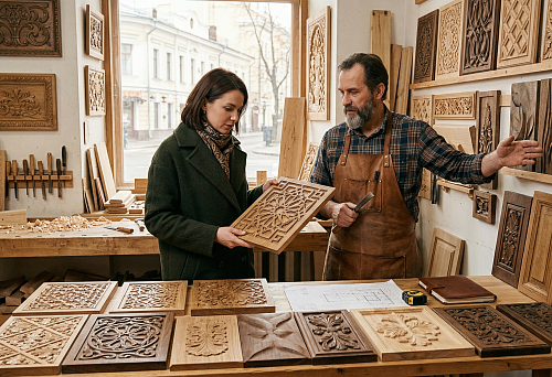 Client selects carved wooden panels in a workshop in Moscow