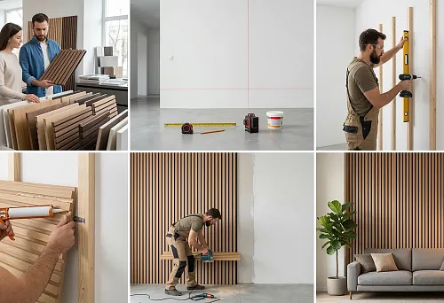 Choosing an MDF slatted wall panel in a showroom among samples of various shades, formats, and textures