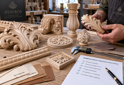 Decorative solid wood details before finishing