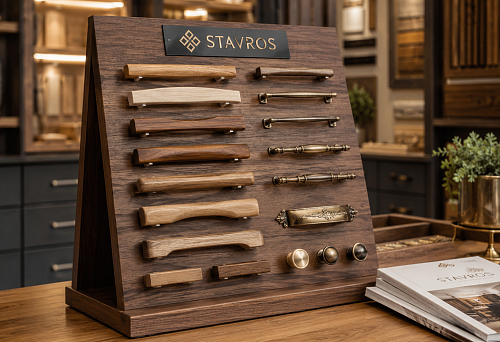 STAVROS exhibition stand for displaying furniture handles in the showroom