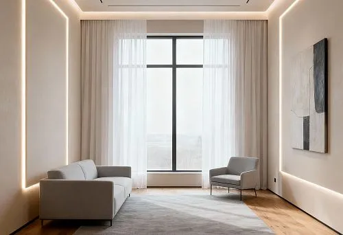 Modern living room with LED lighting integrated into baseboards and cornices, creating soft functional illumination along the perimeter of walls and ceiling.