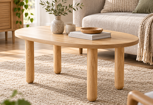 Oval side table on round wooden legs MN-234 in room interior