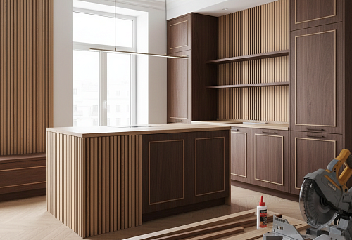 Kitchen interior using molding, wooden slats, and trims in furniture assembly and decorative structures.