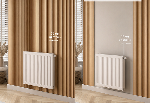 PAN-003 slatted panel 1000&times;11&times;2670 mm on a wall with a smooth service area behind the radiator