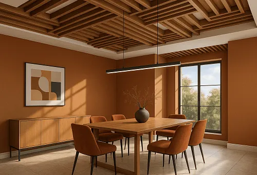 Ceiling with decorative MDF strips in a modern dining room