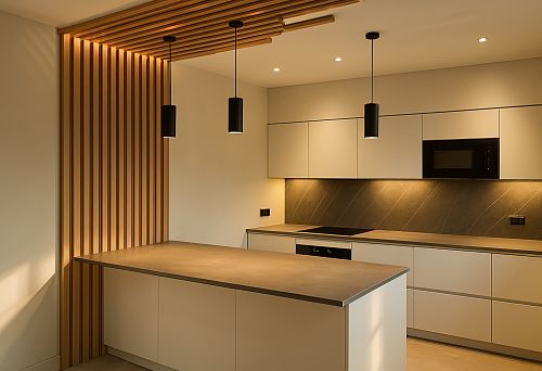 Modern Kitchen with Slats and a Bar Counter &mdash; An Example Interior for Selling Furniture