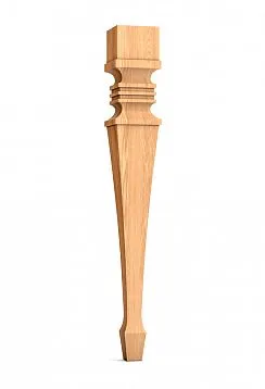 Conical wooden table leg with carved patterns and ornaments