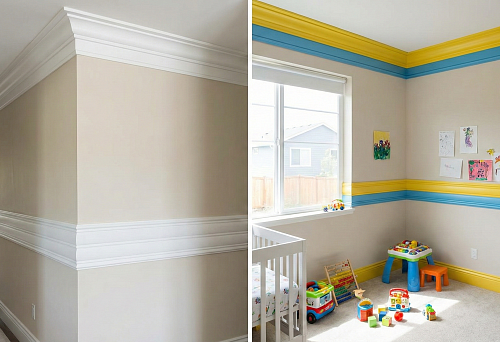 Impact-resistant wall molding and impact-resistant polystyrene ceiling plinth &mdash; examples of hallway and children's room finishing with a protective belt and ceiling cornice for painting