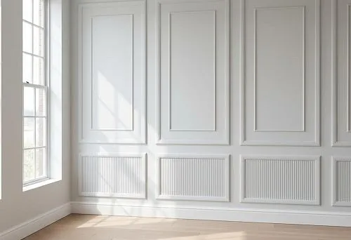 Moldings on walls for painting in light modern interior with classic panels and decorative inserts