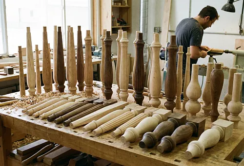 Wooden Turned Furniture Legs of Various Shapes and Wood Species, Arranged on a Workbench in a Carpentry Workshop