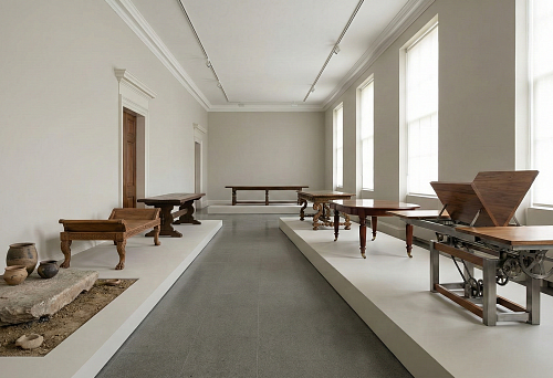 Exhibition of Wooden Tables: Classic and Modern Models in a Bright Hall, Demonstrating the Evolution of Design