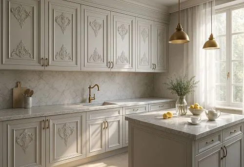 An elegant kitchen with carved fronts, marble countertops, and golden hardware &mdash; an example of expensive furniture with premium value