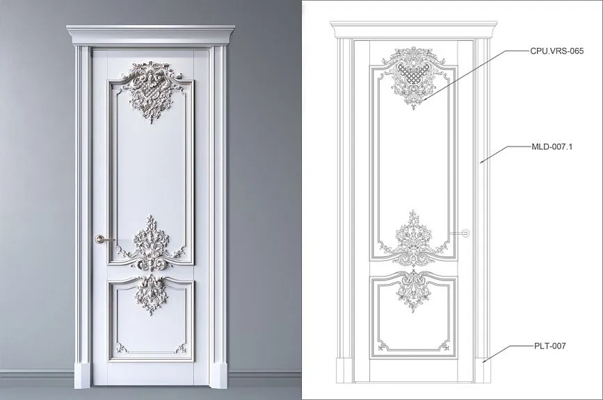 Classic carved door with luxurious moldings from STAVROS, with drawing