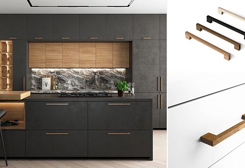 Modern dark kitchen with long wooden handles, and nearby are several variants of such handles in different colors.