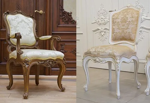 A pair of elegant chairs in white-gold tones with decorative carving, perfectly suited for stylish living room decor