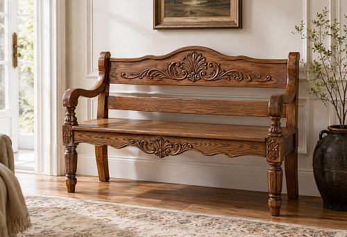Carved bench TBR-002 made of solid wood for a classic hallway