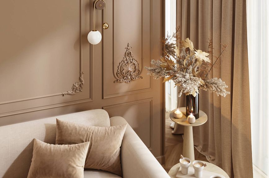 Peterhof INTPU-037 wall panels for a living room with moldings, stucco, and wall decor behind the sofa