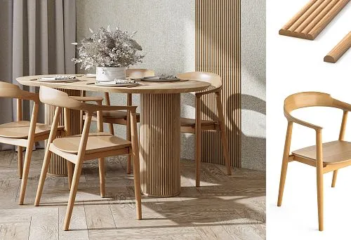 Modern Dining Area with Round Wooden Table and Solid Birch Chairs in Scandinavian Style